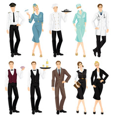 Fototapeta na wymiar Vector illustration of professional people in uniform isolated on white background. Pilot, air hostess, cook chief, surgeon, doctor, croupier, waiter, professor, librarian, secretary or business lady.