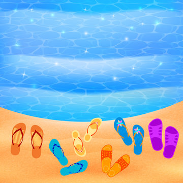 Beach shoes on the beach. Vector sunny beach with shoes. Illustr