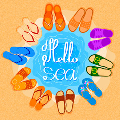 Beach shoes on the sand. The concept of summer vacation. Element for design of travel agency advertising. Illustration of summer vacation. stock vector