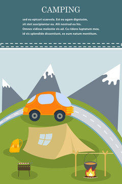 Vector flat web banner on the theme of camping. Camping poster.