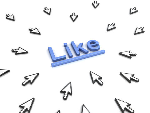 Like concept many arrow cursors mouse clicking like button or link on white background with reflection