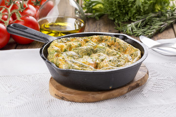 Frittata with salmon and herbs.