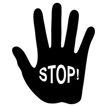 Warnend erhobene Hand mit dem Schriftzug STOP! – schwarz-weiß / Vektor / freigestellt