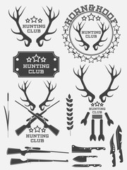 Set of vintage hunting logo, labels and badges. Deer. Horn. Weapon. Vector