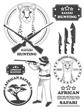 African hunter safari labels, leopard emblems and design elements. Vector