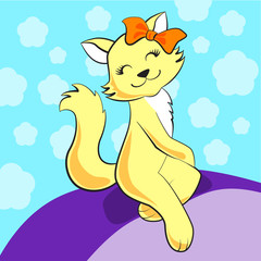 Cute cartoon cat sits smiling with orange bow on her head. Vector