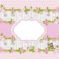 Floral background with dots . Cherry blossom, branch with pink flowers.