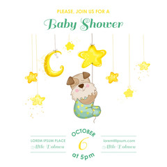 Fototapeta premium Baby Shower or Arrival Card - Baby Dog Catching Stars - in vector