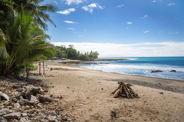 Fototapeta na wymiar Beautiful blue sky day with a blue sea and empty sand. Playa Samara, Costa Rica, Central America.