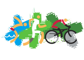 Triathlon competitors.
Three triathlon athletes on the grunge background. Vector available. 
