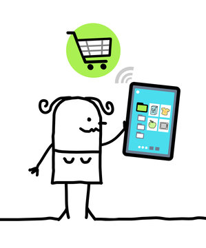 cartoon character with tablet - shopping