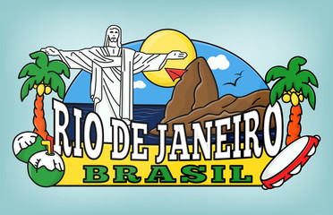 Rio de Janeiro colorful background vector template. Brazil. Palms, sea, coconuts, mountains, sun, hang-glider, birds.