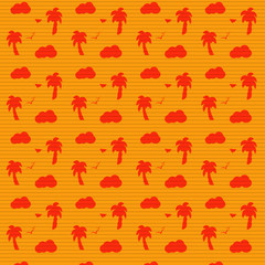 Vector yellow orange pattern from palms, sun, birds, coconuts, clouds.