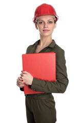 young woman wearing a construction helmet