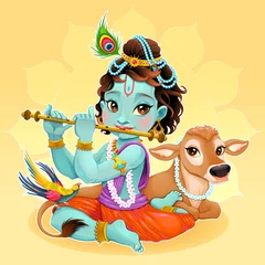 Zelfklevend Fotobehang Baby Krishna met heilige koe © ddraw
