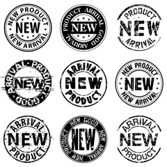 Obraz premium New product arrival good stamps. Set of 9 different black-and-white signs of new arrival, new product, new good.