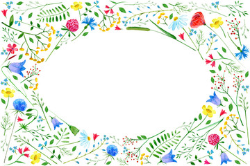 Greeting card with meadow flowers.Colorful frame with wild flowers and herbs on a white background, drawing watercolor.Floral composition.Buttercup,poppy,cornflower,bell,tansy,chamomile and berry.