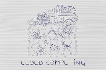 electronic circuit cloud with document rain, cloud computing