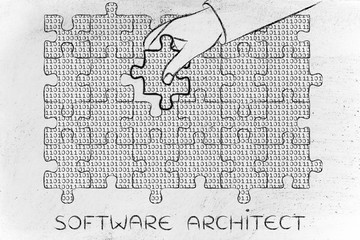hand with missing puzzle piece with binary code, software archit