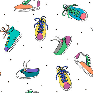 Seamless pattern with sneakers. Hand drawn sport shoes. Vector Illustration
