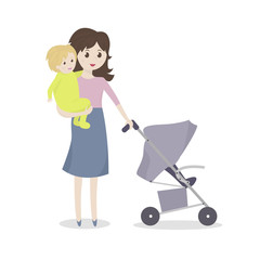 Mother with baby and stroller. Young mom holding a baby in her arms. Vector Illustration
