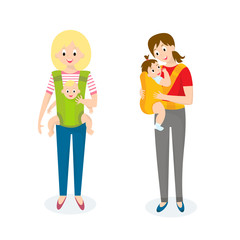 Two Mom with Baby in baby carrier. Vector illustration