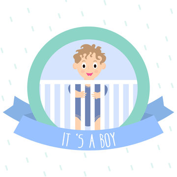 Baby Shower Invitation with cute little boy. Newborn baby vector illustration.