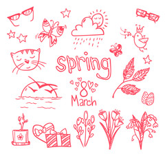 Hand-drawn vector illustration - spring icons. Doodle set