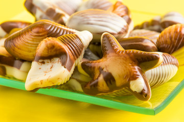 chocolates shaped marine figures, isolated on yellow