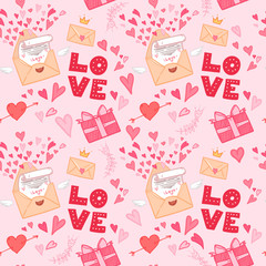 Hand drawn vector illustration. Love letter with hearts, gifts a