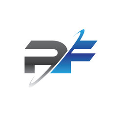 pf initial logo with double swoosh blue and grey