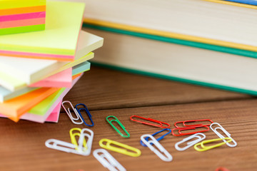 close up of pens, books, clips and stickers