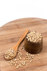 Wooden spoon with a bowl of wheat grains