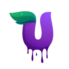 U letter with blueberry juice drops and leaves.