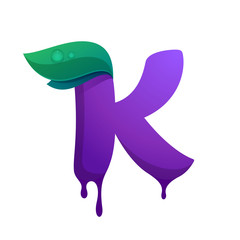 K letter with blueberry juice drops and leaves.
