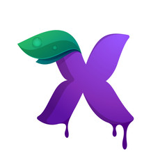X letter with blueberry juice drops and leaves.