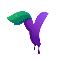 Y letter with blueberry juice drops and leaves.