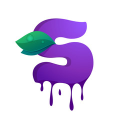 S letter with blueberry juice drops and leaves.