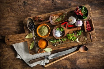 Zelfklevend Fotobehang Colorful spices on wooden table © Alexander Raths
