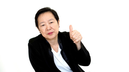 happy business asian woman manager success thumb up on white iso