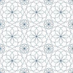 Seamless islamic floral geometric pattern. Dark blue lattice on white background. 