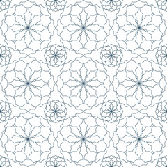 Seamless islamic floral geometric pattern. Dark blue lattice on white background. 