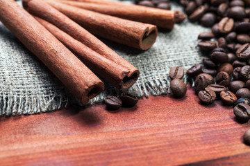 Coffee beans on wood background