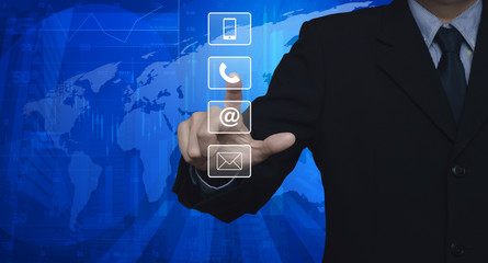 Businessman pressing telephone, mobile phone, at and email butto
