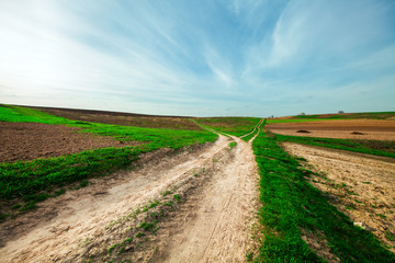 plowed field and cloudy sky in sunset