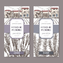 Two Herbes de Provence labels with mansion, lavender and rosemary 
