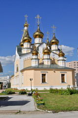 Fototapeta na wymiar Orthodox temple on the background of blue sky.