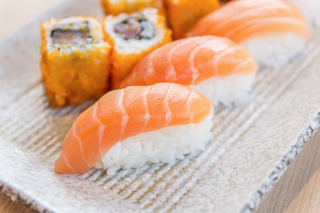 homemade sushi with salmon, cream cheese Philadelphia, Japanese