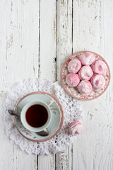 Homemade marshmallows - zephyr with cup of tea