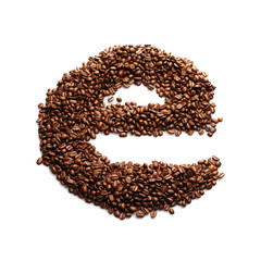 Coffee beans letter e isolated on white background